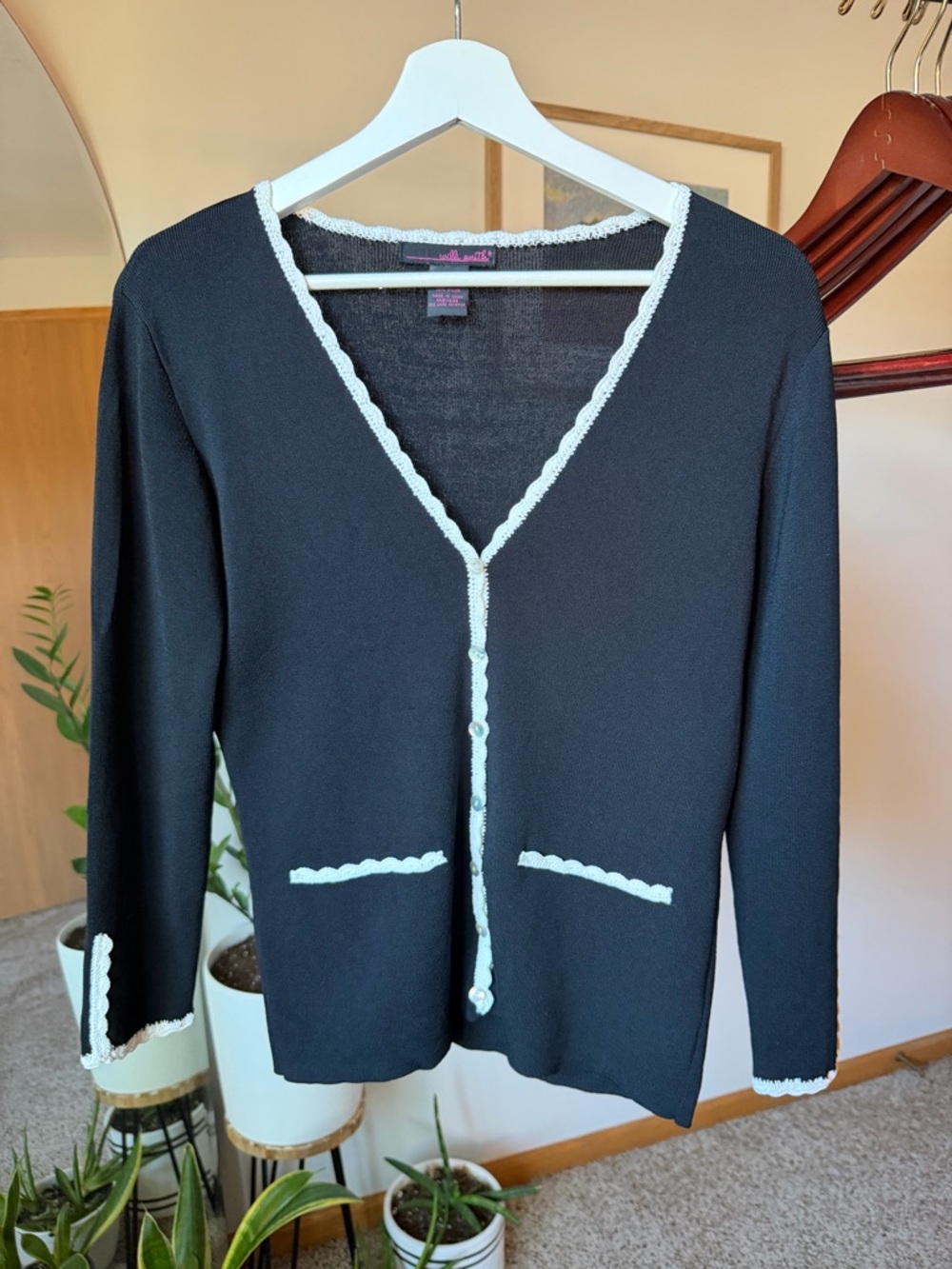 Black Vintage White Trim Button Up Cardigan Sweater